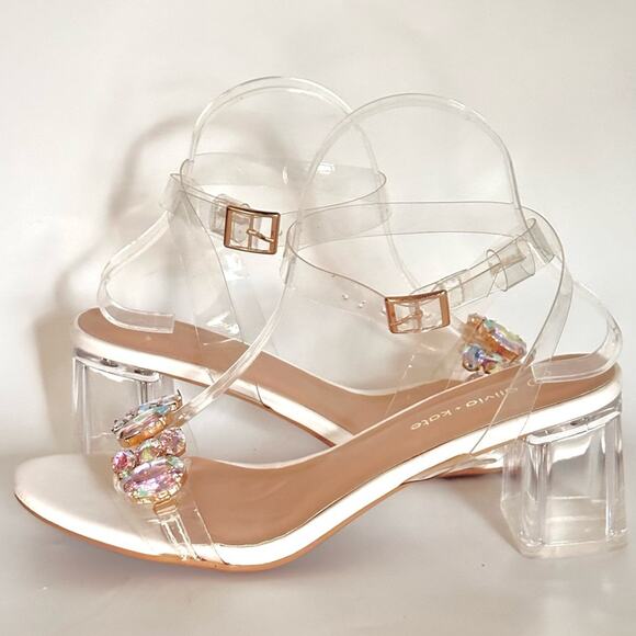New Olivia & Kate Bling All About It Clear Block Heel Sandals - Picture 2 of 8